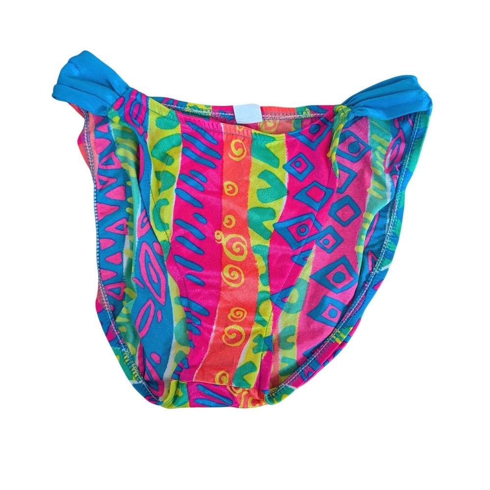 Vintage 80s 90s High Cut Bikini Bottoms Neon Geometric Abstract Print Size 5/6